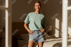 Woman wearing mint t shirt denim shorts image Product Image 1