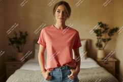Woman wearing coral t shirt and denim shorts image Product Image 1