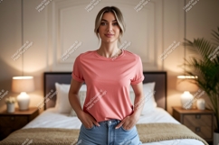 Woman wearing coral t shirt and denim shorts image Product Image 1