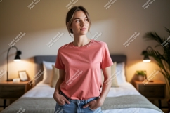 Woman wearing coral t shirt and denim jeans image Product Image 1