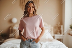 Woman wearing pink t shirt and denim shorts image Product Image 1