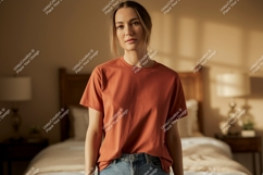 Woman wearing terracotta t shirt mockup Product Image 1