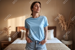 Woman wearing light blue t shirt and denim shorts t-shirt Product Image 1