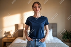 Woman wearing dark blue t-shirt and denim shorts image Product Image 1