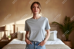 Woman wearing grey t shirt and jeans image Product Image 1
