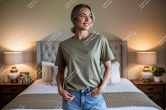 Woman wearing olive green t shirt and denim shorts Product Image 1