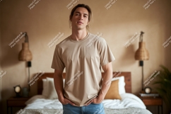 Man wearing beige t shirt and jeans image Product Image 1