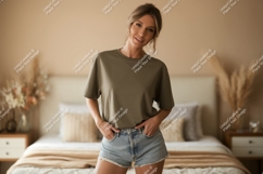 Woman wearing olive green t shirt and denim shorts Product Image 1