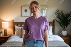Woman wearing purple t shirt and denim shorts image Product Image 1