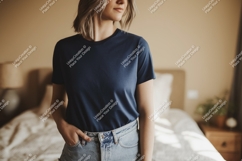 Woman wearing navy blue t shirt and denim shorts image Product Image 1