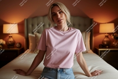 Blonde woman pink shirt denim jeans bedroom image Product Image 1