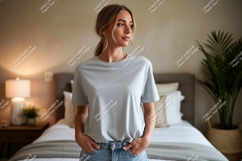 Woman wearing grey t shirt in bedroom image Product Image 1