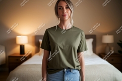 Woman wearing olive green t shirt mockup Product Image 1