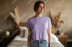 Woman wearing lavender t shirt and denim jeans t-shirt Product Image 1