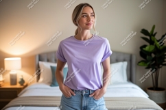 Woman wearing lavender t shirt and denim shorts Product Image 1