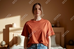 Woman wearing terracotta t shirt casual Product Image 1