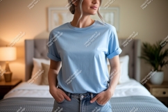 Woman wearing light blue t shirt mockup image Product Image 1