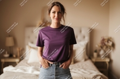 Woman wearing purple t shirt and denim jeans image Product Image 1