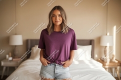 Woman wearing purple shirt denim shorts image Product Image 1