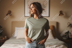 Woman wearing green t shirt and denim shorts image Product Image 1
