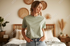 Woman wearing plain green t-shirt and denim shorts Product Image 1