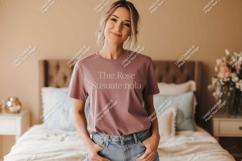 Woman wearing dusty rose t shirt mockup Product Image 1