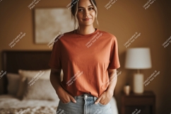 Woman wearing terracotta t shirt and denim Product Image 1