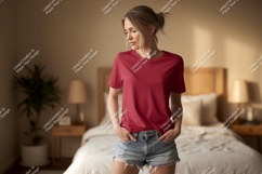 Woman wearing red t shirt and denim shorts image Product Image 1