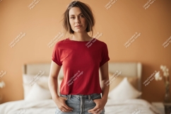 Woman wearing red t shirt and jeans image Product Image 1
