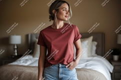 Woman wearing casual red t shirt and denim shorts image Product Image 1