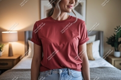 Woman wearing red t shirt and jeans image Product Image 1
