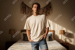 Young man wearing cream t shirt and denim shorts image Product Image 1