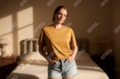 Woman wearing mustard t shirt denim shorts image Product Image 1