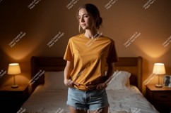 Woman wearing mustard yellow t shirt denim shorts image Product Image 1