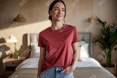 Woman wearing red t shirt and jeans image Product Image 1
