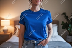 Woman wearing blue t shirt and jeans image Product Image 1