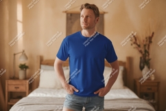 Man wearing blue t shirt and denim shorts image Product Image 1