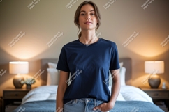 Woman wearing dark blue t shirt and jeans t-shirt casual Product Image 1