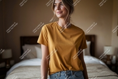 Woman wearing mustard yellow t shirt image Product Image 1
