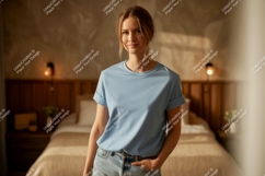 Woman wearing blue t shirt and jeans t-shirt casual Product Image 1