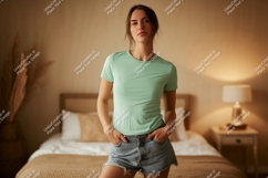 Woman wearing mint t shirt denim shorts image Product Image 1