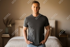 Man wearing dark grey t shirt and blue jeans t-shirt Product Image 1