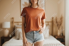 Woman wearing orange t shirt denim shorts image Product Image 1