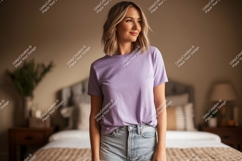 Woman wearing lavender t shirt and denim shorts image Product Image 1