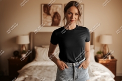 Woman wearing black t shirt and denim shorts image Product Image 1
