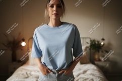 Woman wearing blue t shirt and denim shorts image Product Image 1