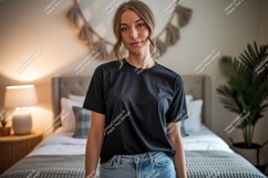 Woman wearing black t-shirt and jeans Product Image 1