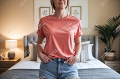 Coral t shirt denim shorts mockup tshirt Product Image 1
