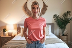 Woman wearing coral t shirt and denim shorts Product Image 1