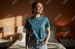 Woman wearing blue t shirt and jeans image Product Image 1